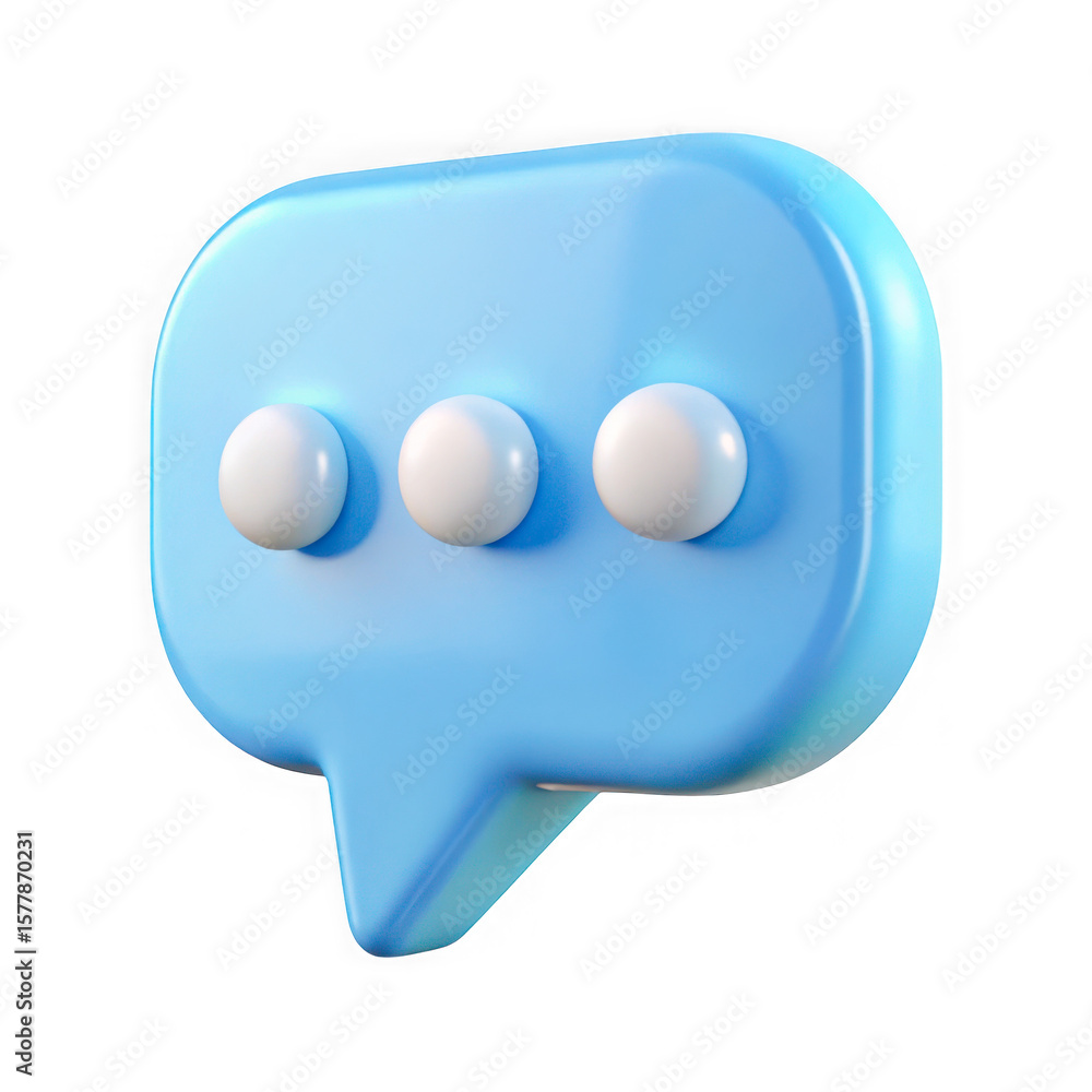 Poster 3d blue speech bubble with three white dots indicating typing or thinking isolated on transparent ba