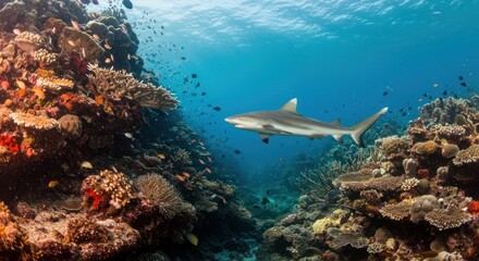 Fototapeta premium Shark swims in a coral reef surrounded by various coral formations and many small fish