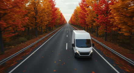 A white van driving on a road lined with autumn trees with orange and red leaves on a cloudy day