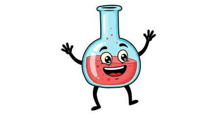Obraz premium A character, a laboratory flask with legs and arms and a smiling face, in cartoon format