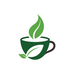 Green tea cup icon with leaves and a dark brown handle on a white background drink