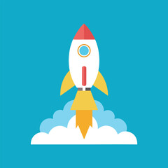 White rocket ship with red nose and yellow fins launching from white cloud on blue background