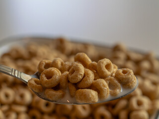 Spoonful of O Shaped Cereal with Milk Over a Bowl