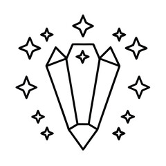 Sparkling Crystal Gemstone with Stars Coloring Page Mystical Art Outline Vector Illustration.