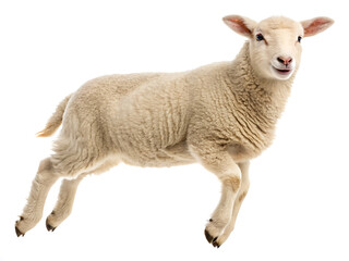 Fototapeta premium A lamb mid jump with its legs extended against a white background in a studio setting isolated