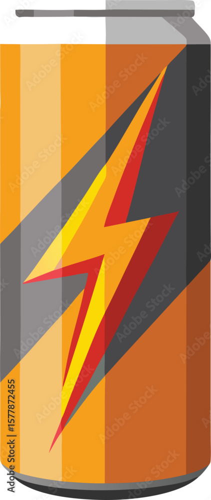 Poster energetic drink can design: bold orange and gray with a striking lightning bolt graphic for a refres