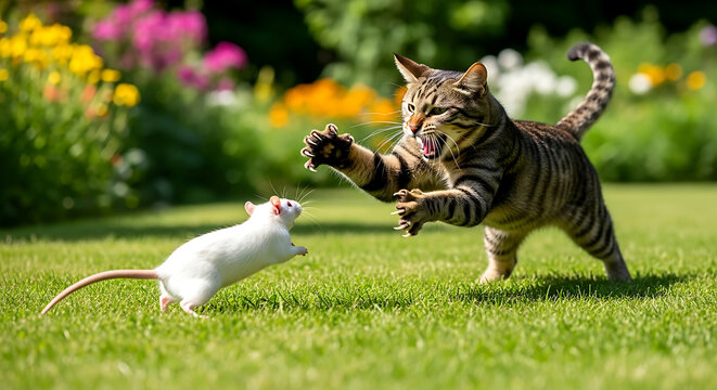 Feline Predator: A striped cat leaps with extended claws towards a fleeing white mouse on green grass outdoors.