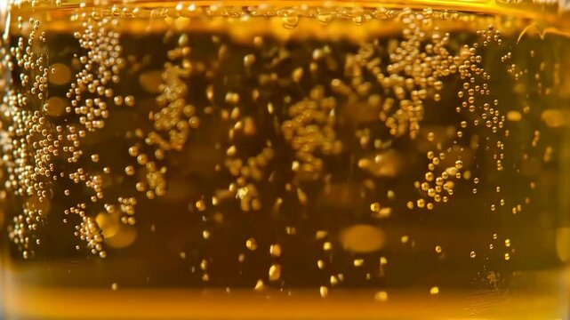 Golden brew: sparkling beverage close up, fizzy drink with bubbles, refreshing liquid product view