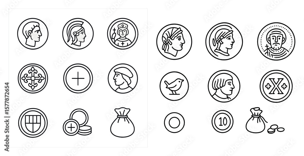Aufkleber set of coins and a bag. the coins are arranged in a row, with some of them being larger than others.