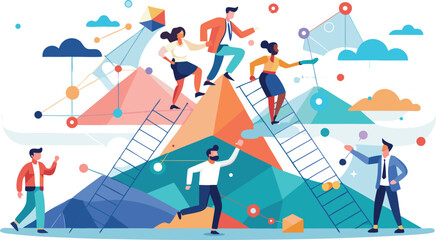team members collaborate and climb abstract geometric mountains together