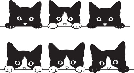 Six curious black and white cats peeking over edge silhouette