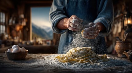 Skilled pasta maker dusting flour over fresh dough