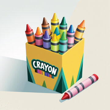 Yellow box filled with colorful crayons, including red, blue, green, and purple, isolated on white background, representing creativity and school supplies