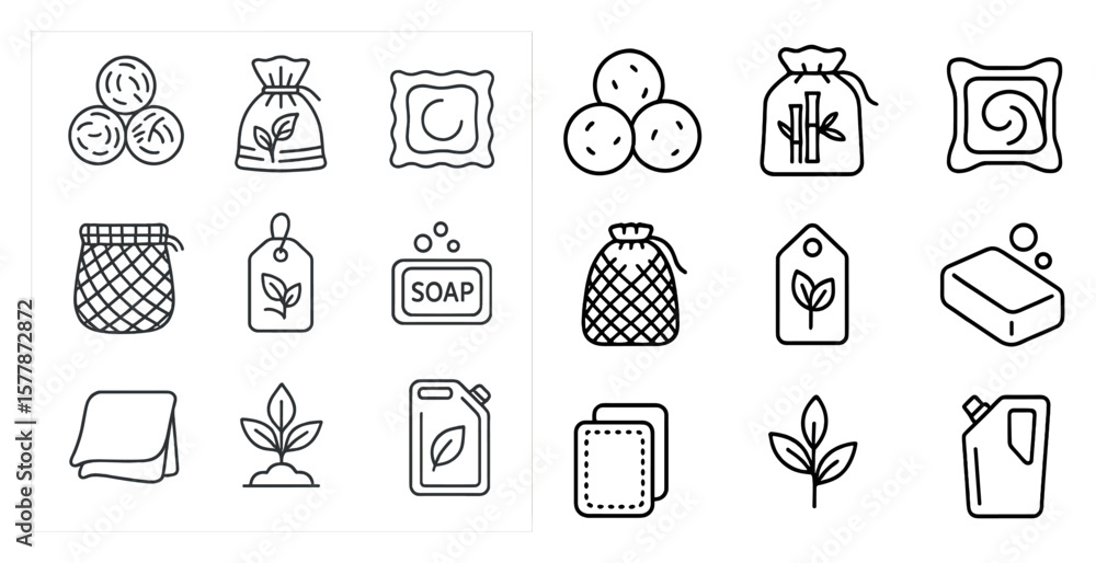 Poster collection of icons for various items, such as a bottle of soap, a bag, and a jar. these icons are a