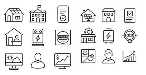 Fototapeta premium Collection of icons that include a house, a school, a computer, a person, and a house with a sign that says 