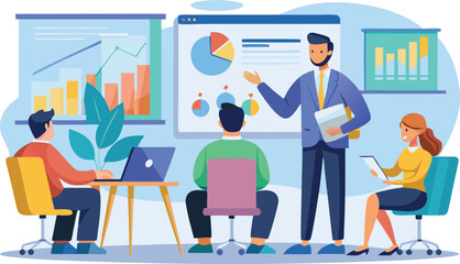 Business meeting with presentation and data analysis in a modern office