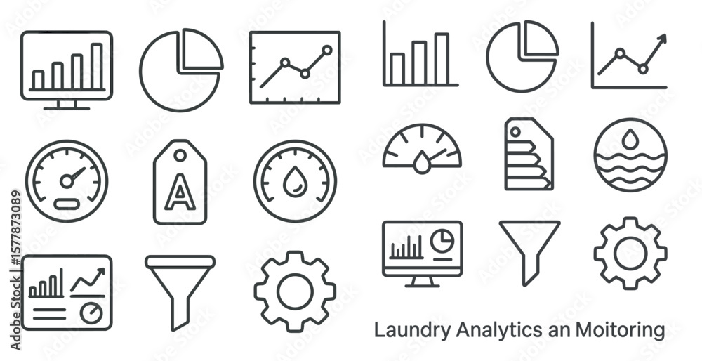 Poster set of icons for laundry analytics. the icons are all in black and white. the icons include a funnel