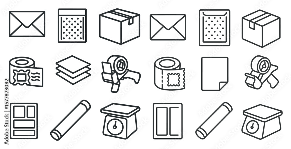 Poster collection of various items such as boxes, envelopes, and tape. the items are arranged in a line and