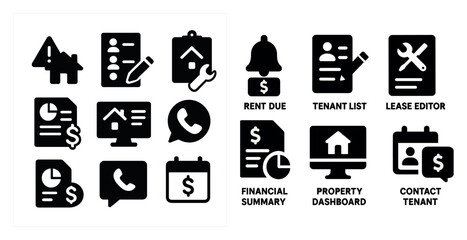 Set of icons for a computer program. The icons include a house, a phone, a calendar, a dollar sign, a wrench, and a person. The icons are all black and white