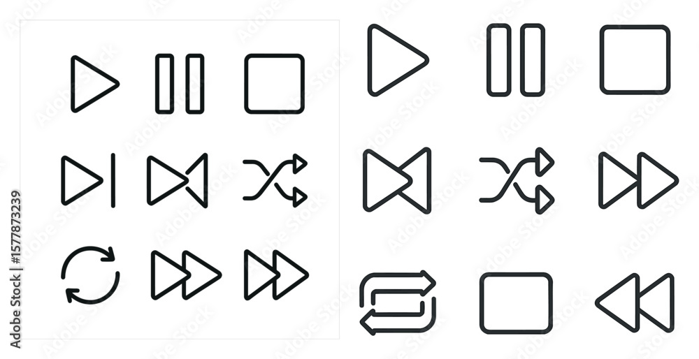 Poster set of icons for a music player. the icons include a play button, pause button, and a rewind button