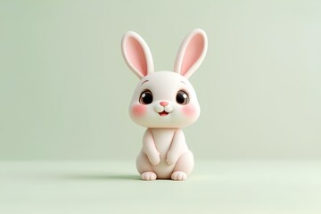 Obraz premium Adorable 3D cartoon white rabbit with pink ears and rosy cheeks on green background