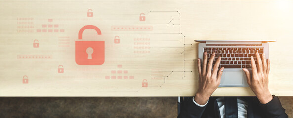 Digital security concept illustrating a cybersecurity breach, with a red unlocked padlock...