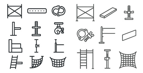 Collection of construction tools and equipment. The image is a collection of various construction tools and equipment, including a crane, a ladder, a flag, and a net. Scene is one of productivity