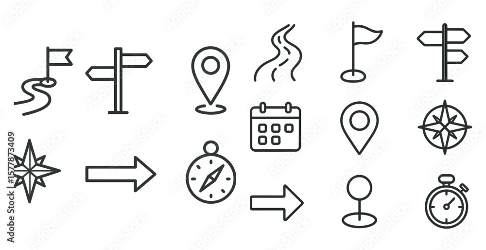 Poster set of icons for navigation and time. the icons include a compass, a road sign, a calendar, and a cl