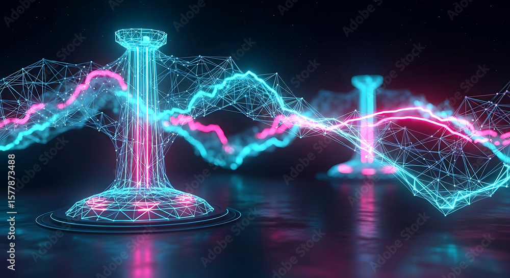 Aufkleber futuristic data visualization with glowing lines and nodes, abstract technology concept with pink an