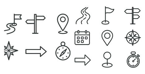 Obraz premium Set of icons for navigation and time. The icons include a compass, a road sign, a calendar, and a clock