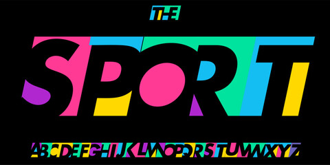 Colorful abstract alphabet, bold sport letters, geometric modular font with vibrant display feel, creative logo branding, modern poster headline, artistic typographic identity. Vector typeset