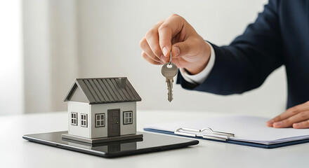 Handing Over Keys to a New Miniature House: Real Estate and Property Concepts in Minimalist Style.
