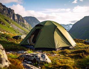 A generic military tent pitched perfectly in a remote, rugged landscape, signifying field readiness and adaptability.