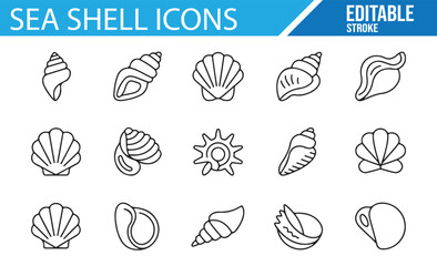 Set of Editable Stroke Sea Shell Icons in Various Styles and Shapes for Design Projects