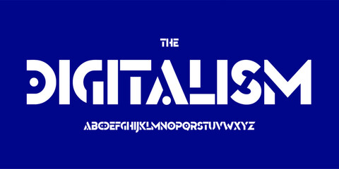 Modern techno logo font, abstract geometric alphabet. Bold futuristic typeface for digital headline, sci-fi interface, game HUD, cyberpunk branding, innovation design, tech display. Vector typography