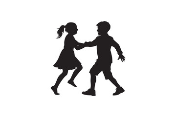 Silhouette of Two Children Playing and Dancing Together with Joyful Energy on an Isolated White Background in a Vector Illustration