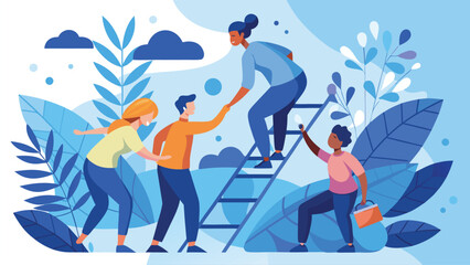 team members collaborating and helping each other climb a ladder