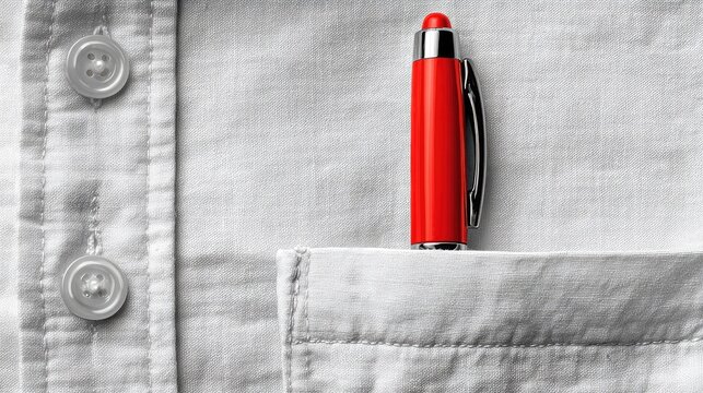 Classic red pen clipped upright inside a uniform pocket, with shirt creases and shadows