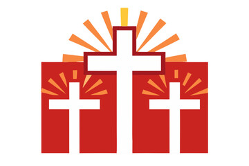 Three white christian crosses with red background and sunburst rays
