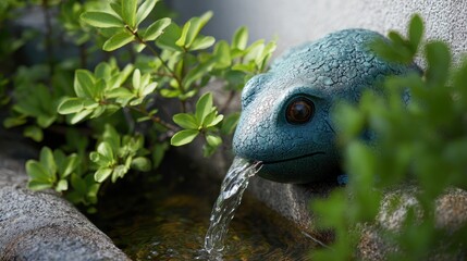Obraz premium Decorative frog-shaped fountain spouting water into a small pond