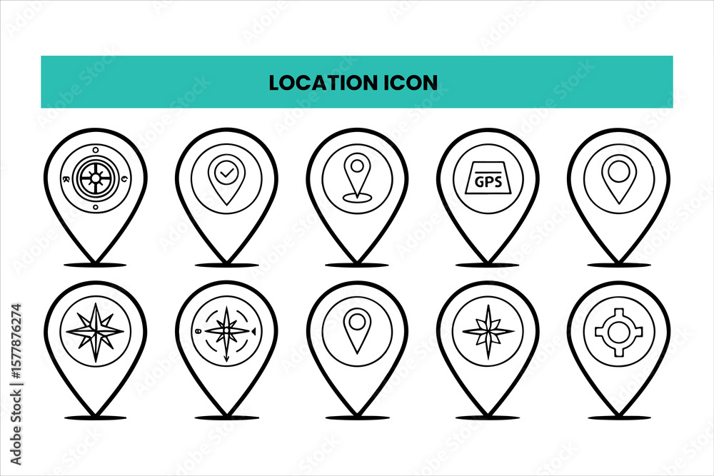 Poster set of colorful map pointer icons with location markers for navigation and travel design
