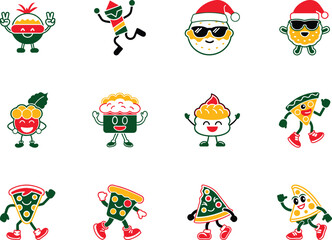 Twelve cartoon food icons are depicted on a white background smiling in various poses