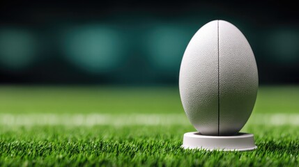 A clean rugby ball placed on a white kicking tee, set against a vibrant green field