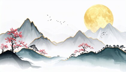 Obraz premium Serene Mountain Landscape with Full Moon