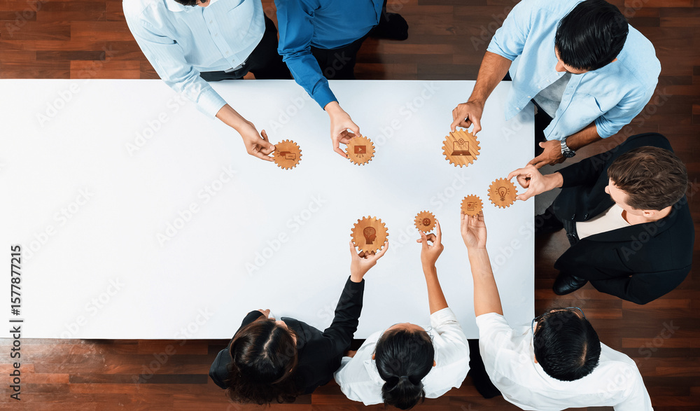Poster a group of diverse professionals collaborates using gears to symbolize teamwork and innovative probl