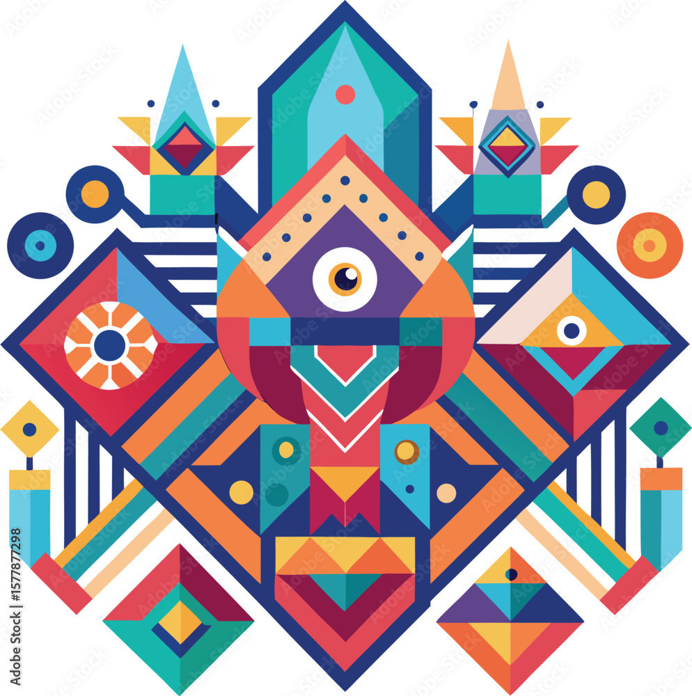 Poster vibrant geometric abstract art featuring colorful shapes and patterns, ideal for modern design proje