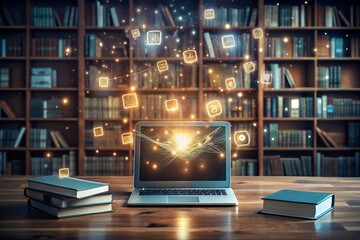 Laptop with glowing data icons on screen, books on wooden desk, library background
