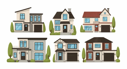 Modern Private Houses in Various Architectural Styles Vector Illustration

