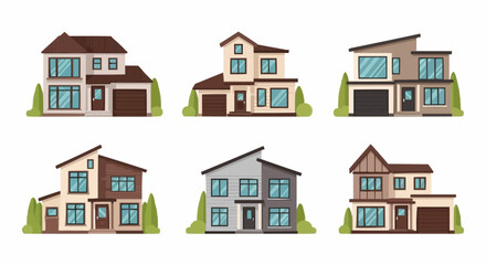 Modern Private Houses in Various Architectural Styles Vector Illustration

