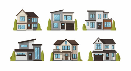 Modern Private Houses in Various Architectural Styles Vector Illustration

